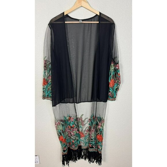 Womens Kimono Cover Up Long Size XXL Black Sheer Floral Embroidered Fringed - Picture 3 of 13